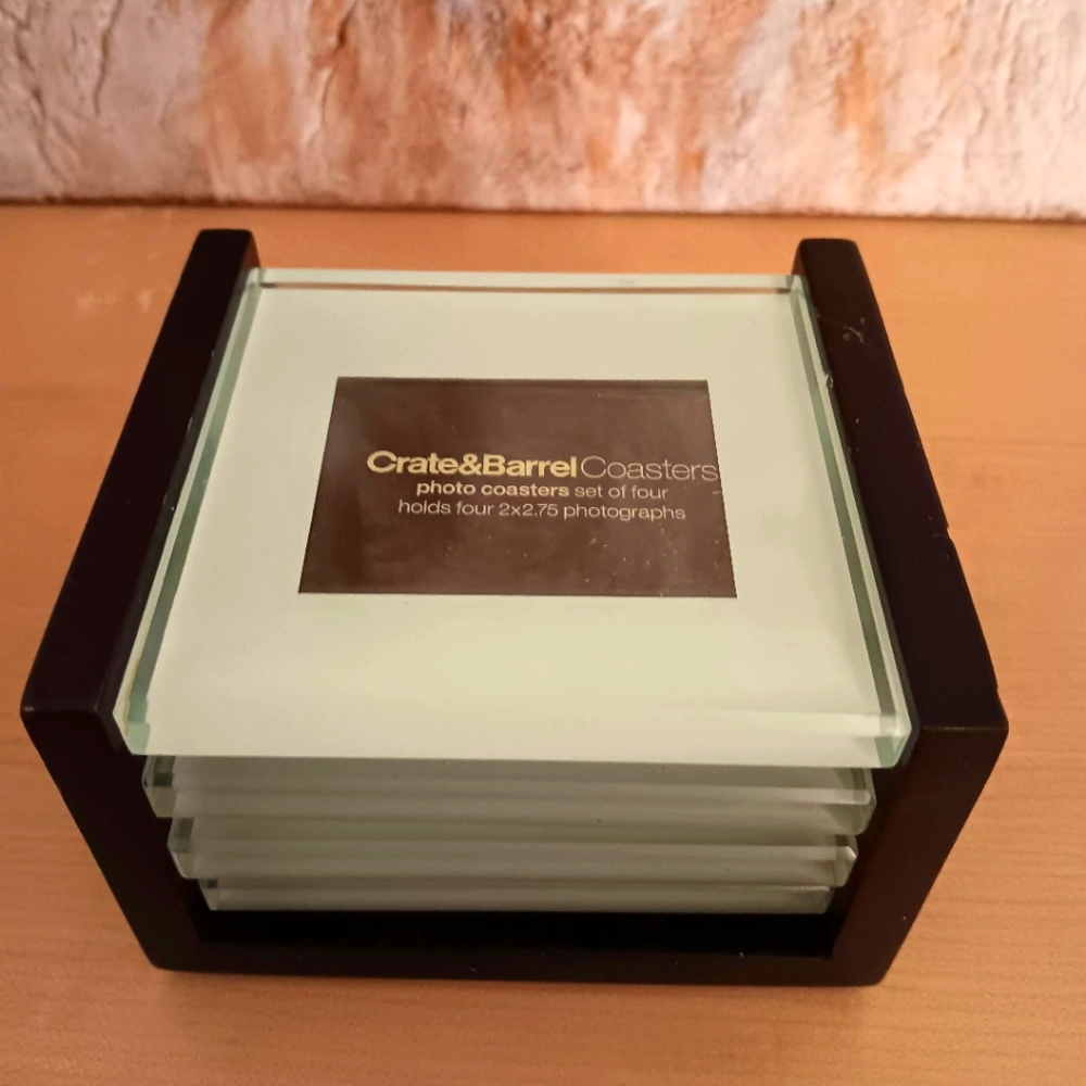 Day Sale Crate & Barrel Glass Photo Coaster set in  Wood Case Paper Weight